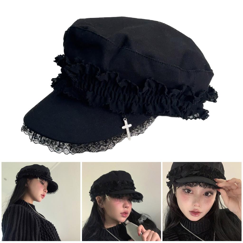 Newsboys Beret Hat for Women Breathable Cabbie Hat Joker Girl Lace Peaked Hat Subculture Cross Painter Hat Headwear
