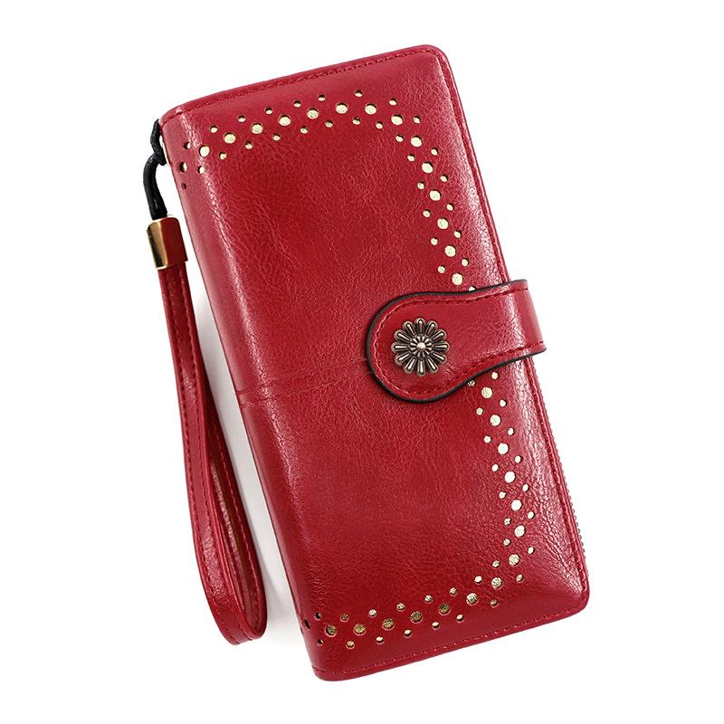 Women's Oil Wax Leather Zipper Wallet with Coin Purse & ID Holder