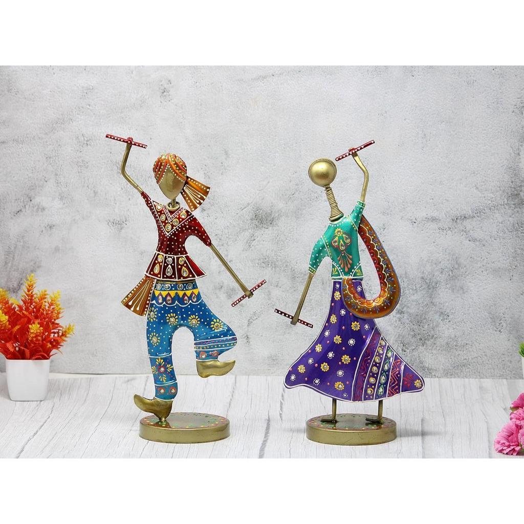 Handmade Handpainted Playing Dandia Couple Rajasthani Handicraft Wrought Iron Emboss Painted Decorative Showpiece Multicolor 12.5 Inch Height, Fantasy