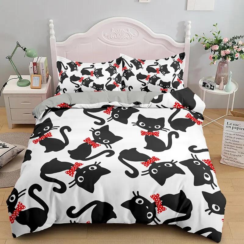 Cat Duvet Cover Set Digital Different Color Cartoon Cute Cat Bedding Set Bedclothes Double Queen King Size Polyester Qulit Cover