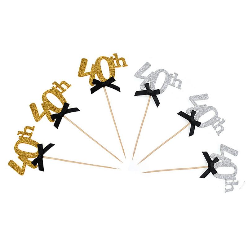 10 шт. золотые серебряные украшения для торта на 30-е, 40-е, 50-е, 60-е годы, украшение для вечеринки по случаю дня рождения, украшения для кексов с черным бантом на годовщину для взрослых