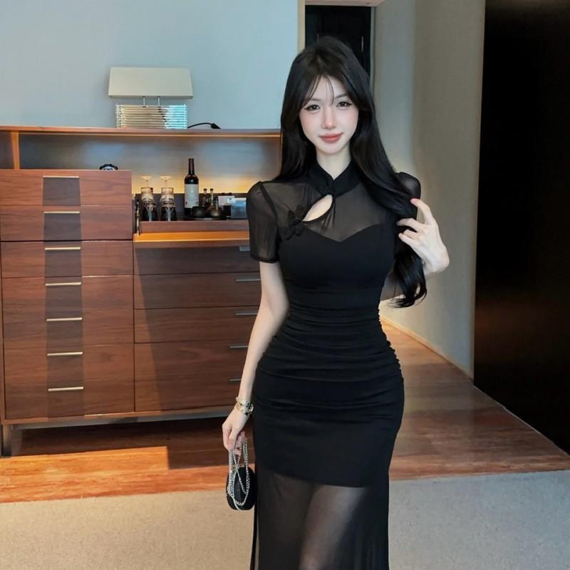 Elegant Black High-Waist Slim Fit Sheer Long Dress With Mandarin Collar Button Detail 2026