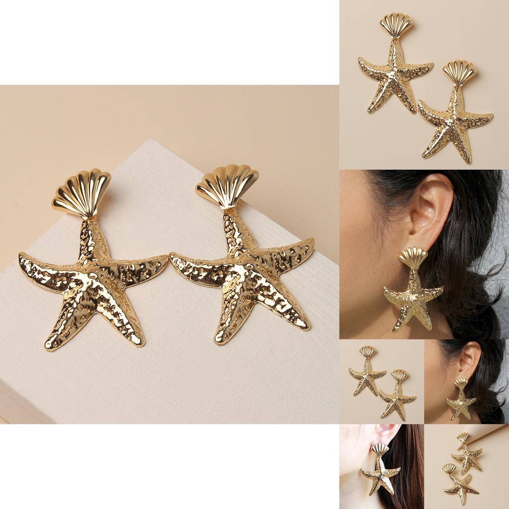 Fashionable Shell Gold Starfish Design Women Metal Earrings For Summer Beach