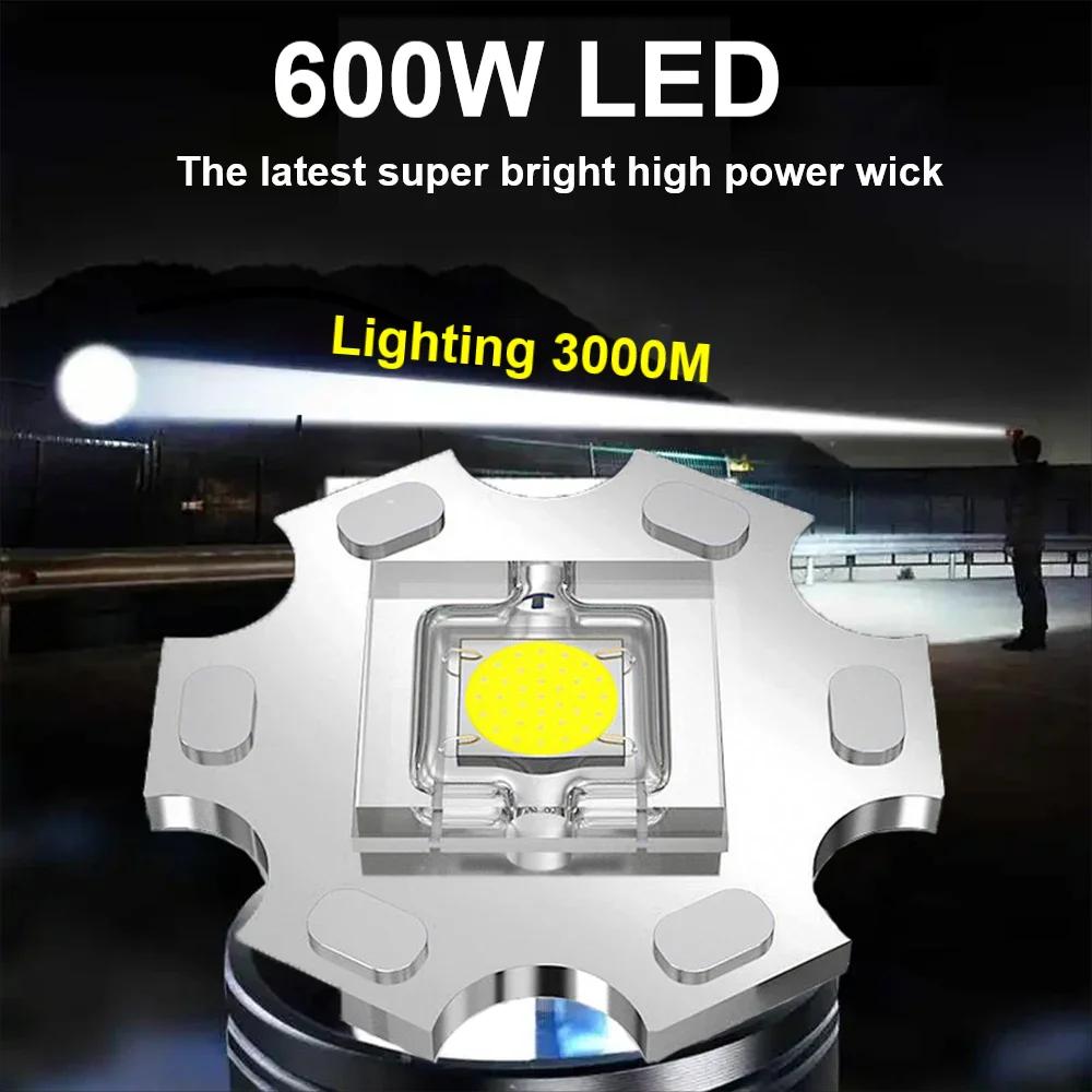 Перезаряжаемый фонарик 600 Вт, сверхмощная вспышка, мощный сильный свет, светодиодный фонарь для кемпинга