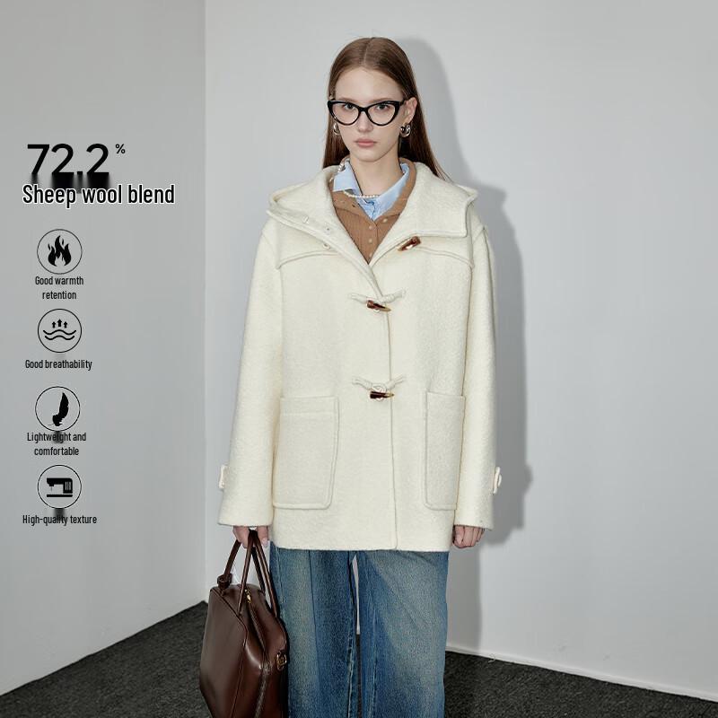 GREEN BELT Women's Hooded Toggle Wool Blend Mid-length Coat