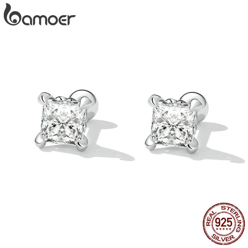 BAMOER 925 Sterling Silver Simple Square Zircon Stud Earrings for Women Trendy Shining Ear Studs Fine Jewelry Gift
