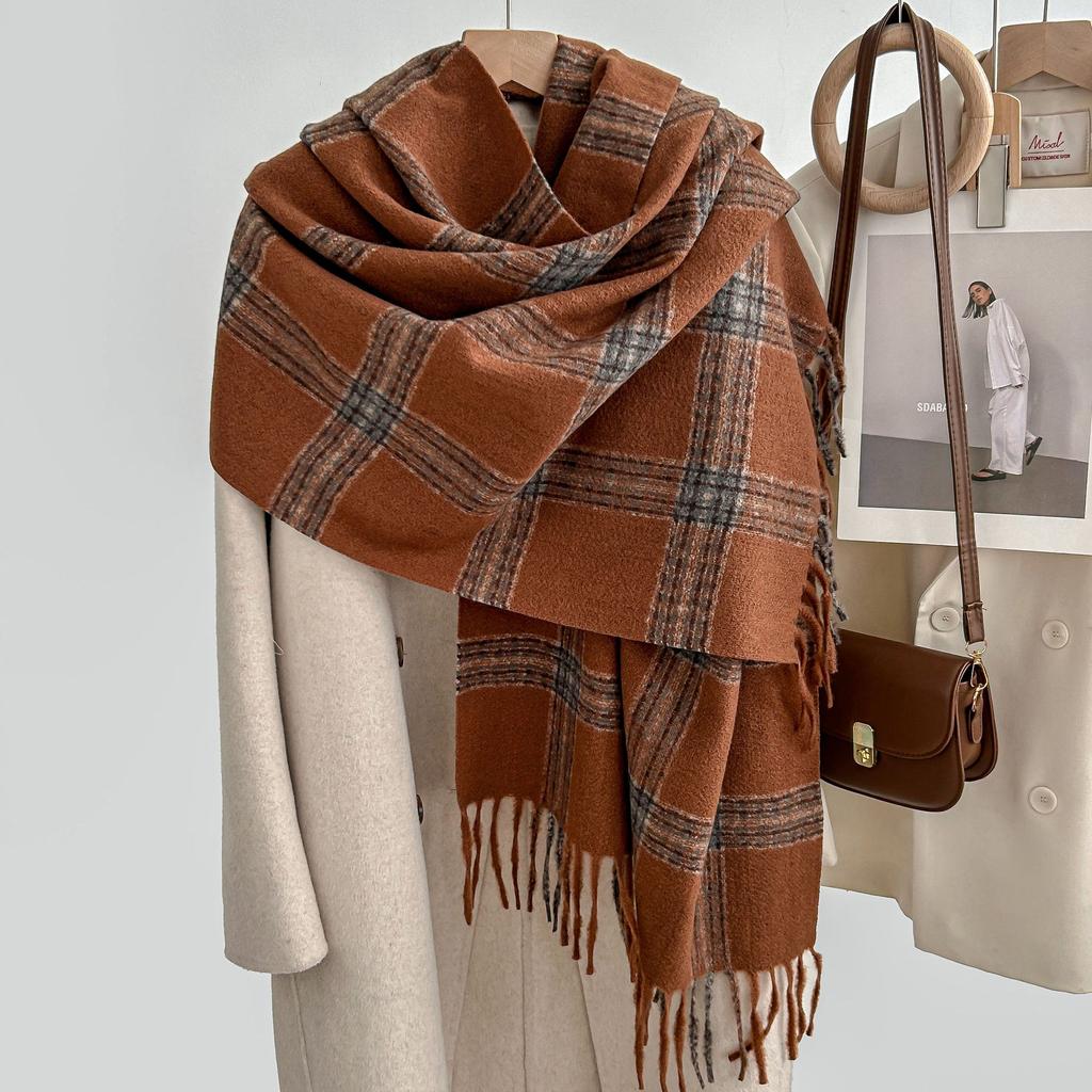 British Retro Large Plaid Scarf for Women Winter Fleece-Like Cashmere Trendy Brand Korean Style Versatile Student Warm Neck Warmer