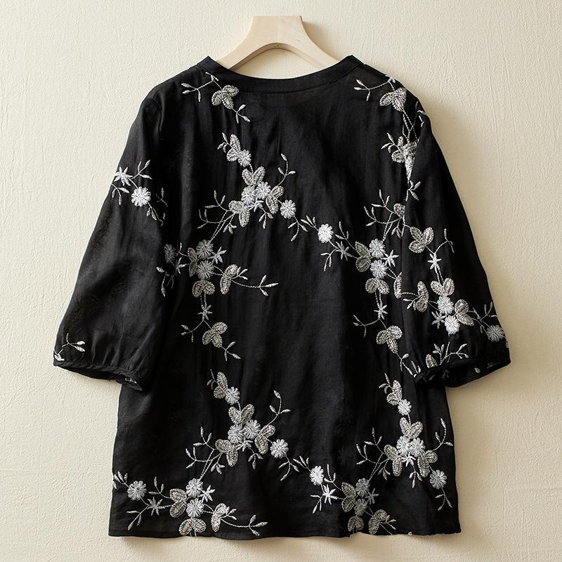 Летняя рубашка в стиле ретро в стиле Китайской Республики с диагональными пуговицами и тяжелой вышивкой. Женская одежда. Блузки и рубашки.