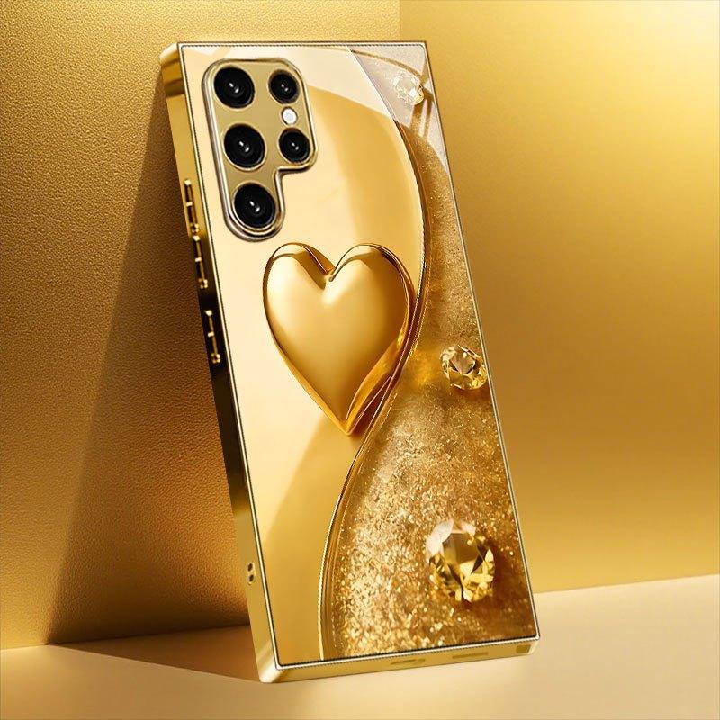 Позолоченный чехол для телефона из закаленного стекла, совместимый с Galaxy S26 S25 S24 S23 S22 Ultra Plus. Украшен узором в виде золотого сердца.