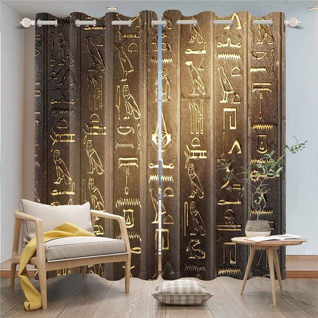 Египетские оконные шторы иероглифы на фресках в древнем египетском храме, затемненные занавески, винтажные шторы, домашний декор для спальни, 2 панели