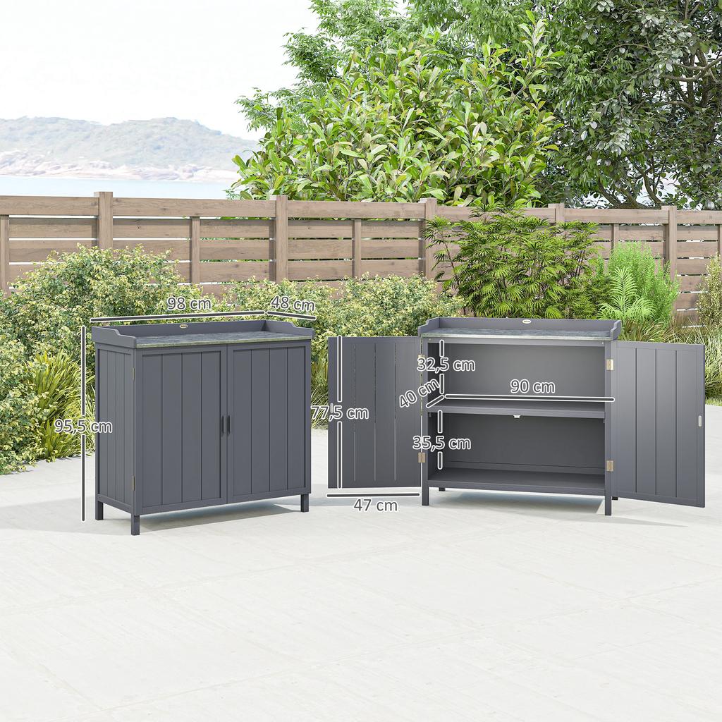 Standing garden storage cabinet, 2-in-1 potting table double door, shelf, galvanized metal tray - grey