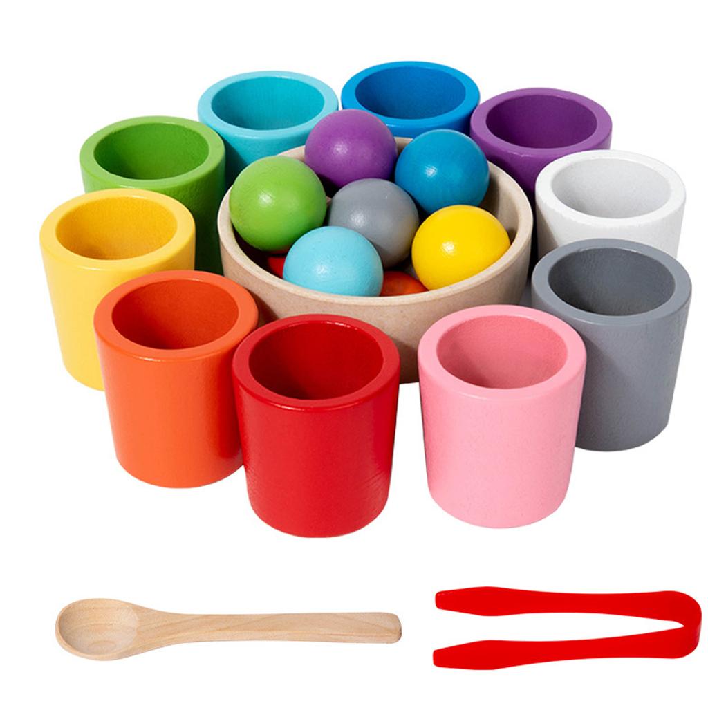 Montessori Color Sorting Play with Spoon & Tongs Colorful Cups and Balls Sorting Toy Wooden Sorting Stacking Toys for Toddlers