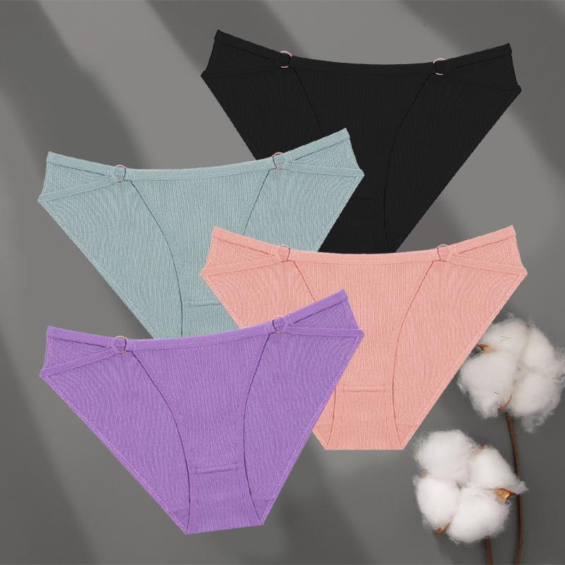 4Pcs Cotton Striped Underwear Women's Double Belt Panties Sexy Low Waist Solid Briefs Female Breathable Comfort Lingerie