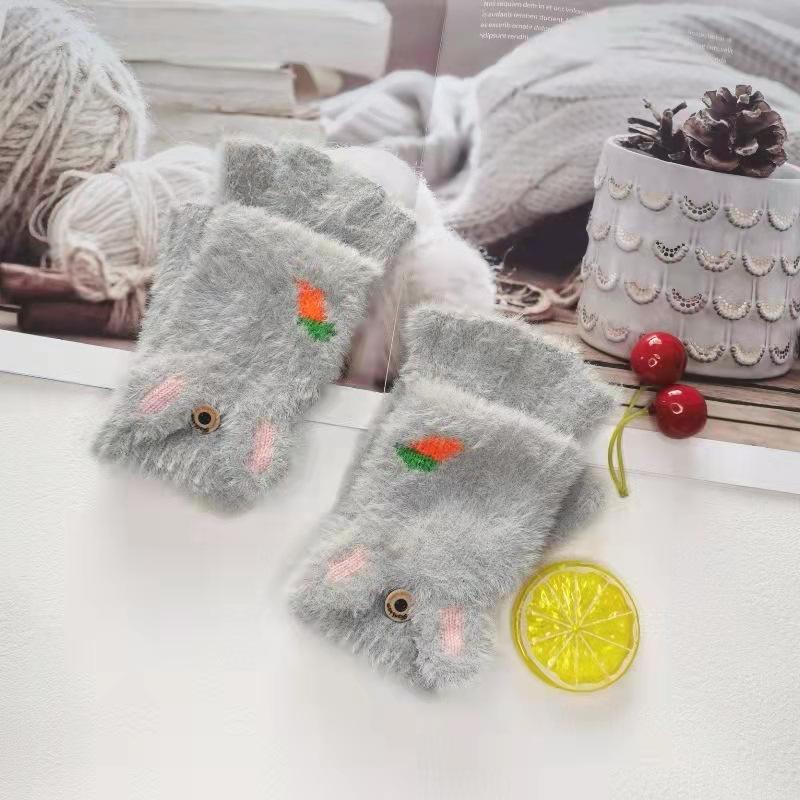 Women's Winter Cute Radish Cartoon Cold-proof Imitation Mink Half-finger Leak-finger Warm Knitted Adult and Children's Gloves