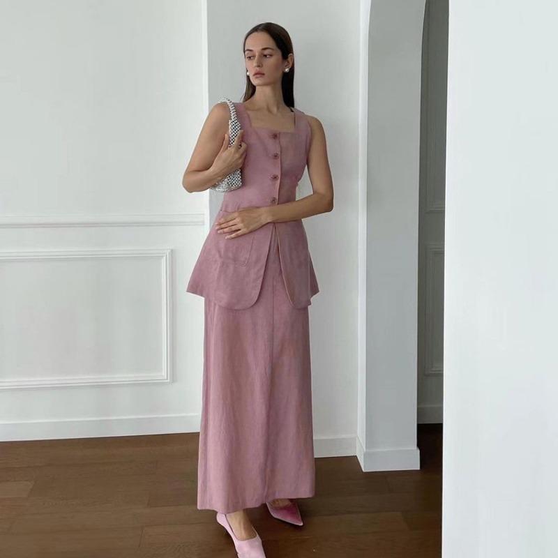 Spring Summer Slim Solid Color Cotton 2 Piece Sets Women 2025 Elegant Sleeveless Single Breasted Tank Top with High Waist Long Skirts Set