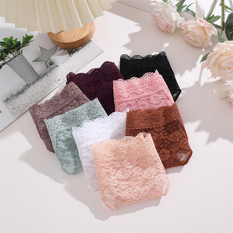 FINETOO Lace Flower Panty for Women Pure Cotton Breathable Soft Lingerie Low-Waist Solid Color Briefs S-XL