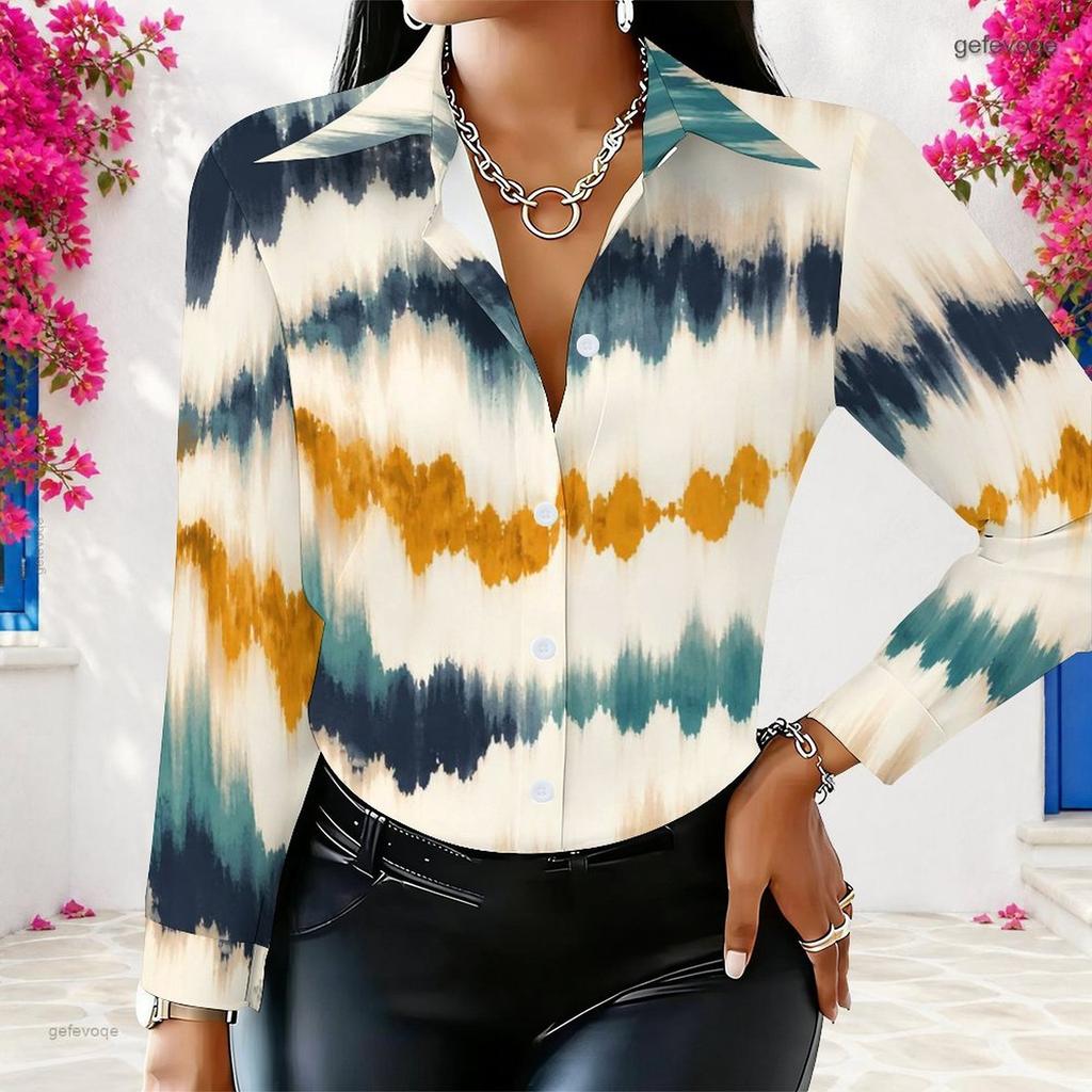 Women Plus Size Tie Dye Printed Collared Long Sleeve Button Front Shirt