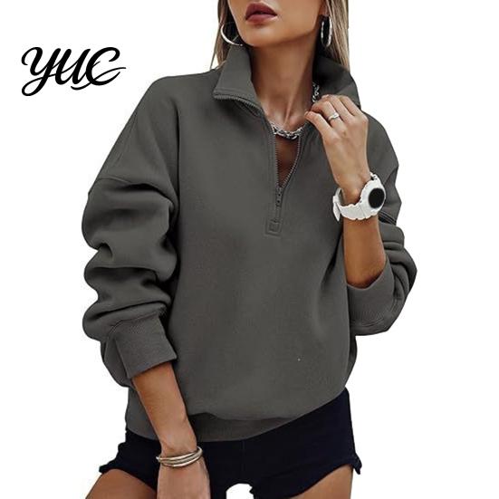 Breathable Lightweight Pullover Women Oversized Sweatshirt, Stand Collar Zipper Half Placket Tops, Cozy Loungewear Tops Long Sleeve for Casual