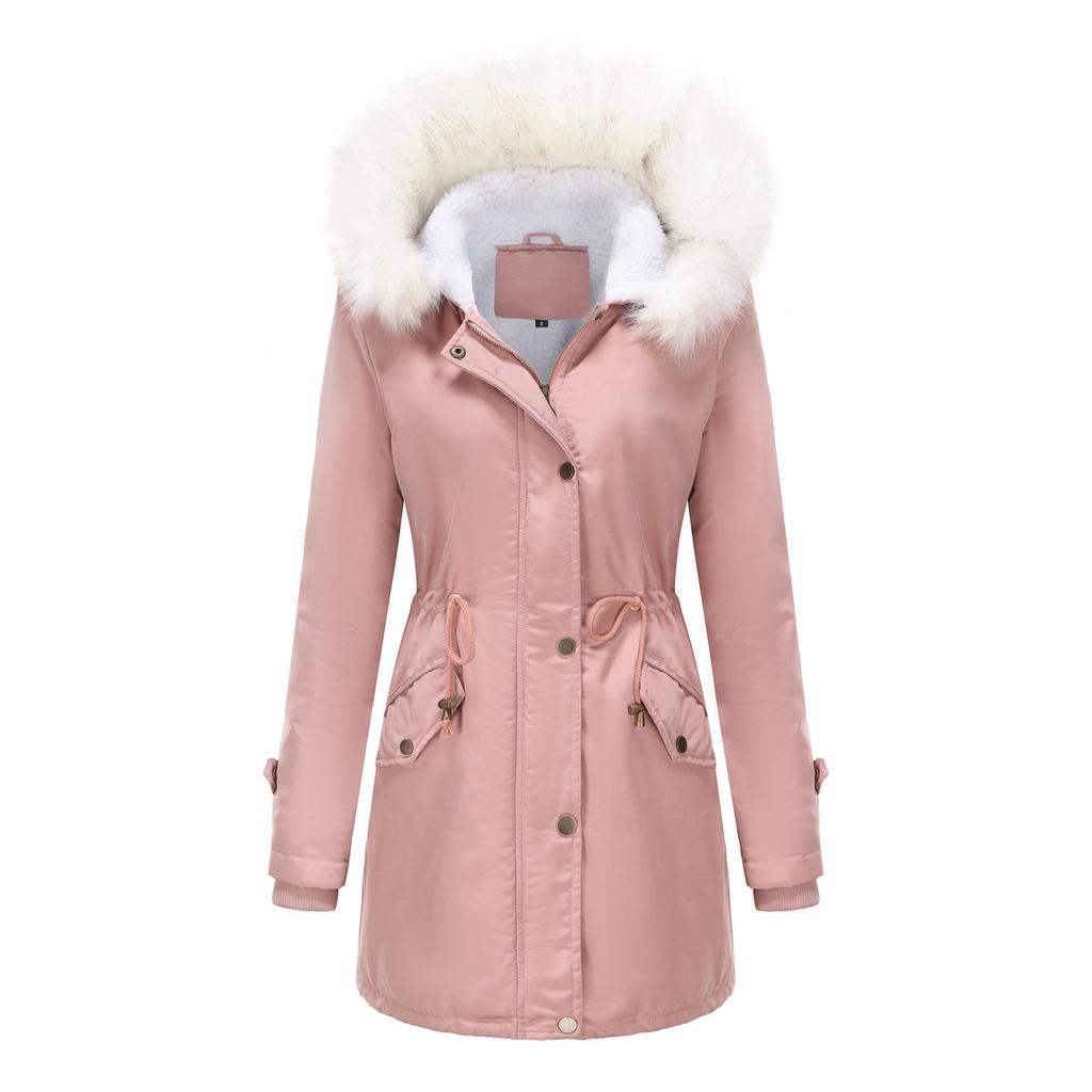 Jackets for Women Fleece Autumn and Winter Removable Hair Collar Women's Pie Over Long-sleeved Hooded Cotton Coat Velvet Coat Cotton Clothing Women