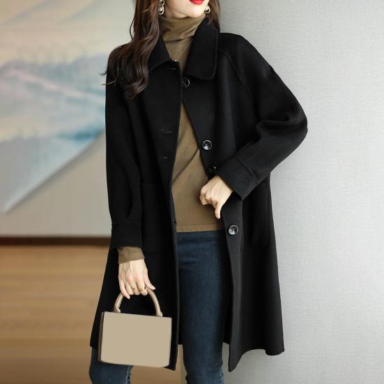 Women Winter Overcoat Turn-down Collar Pockets Pure Color Single-breasted Cardigan Loose Fit Coat Thermal Long Sleeves Commuting Dating Winter Coat