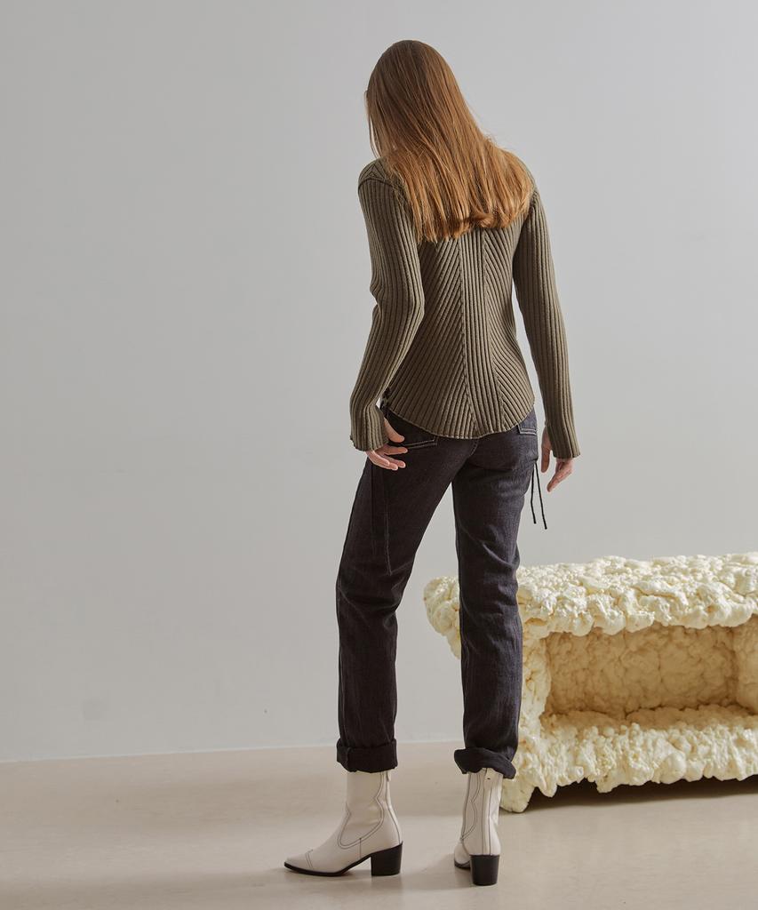 ETMON Slit Sleeve Side Strap Knit Top Khaki