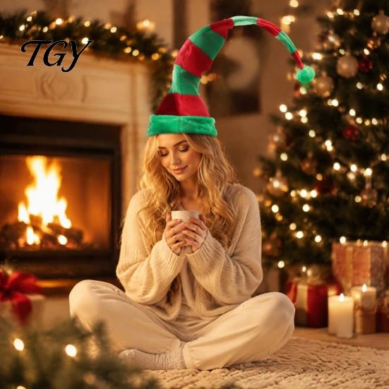 Festive Atmosphere Decoration Christmas Elf Pointed Hat, Striped Hat with Pompom or Holiday Party Costume Accessories Bells, Cosplay for Adults,