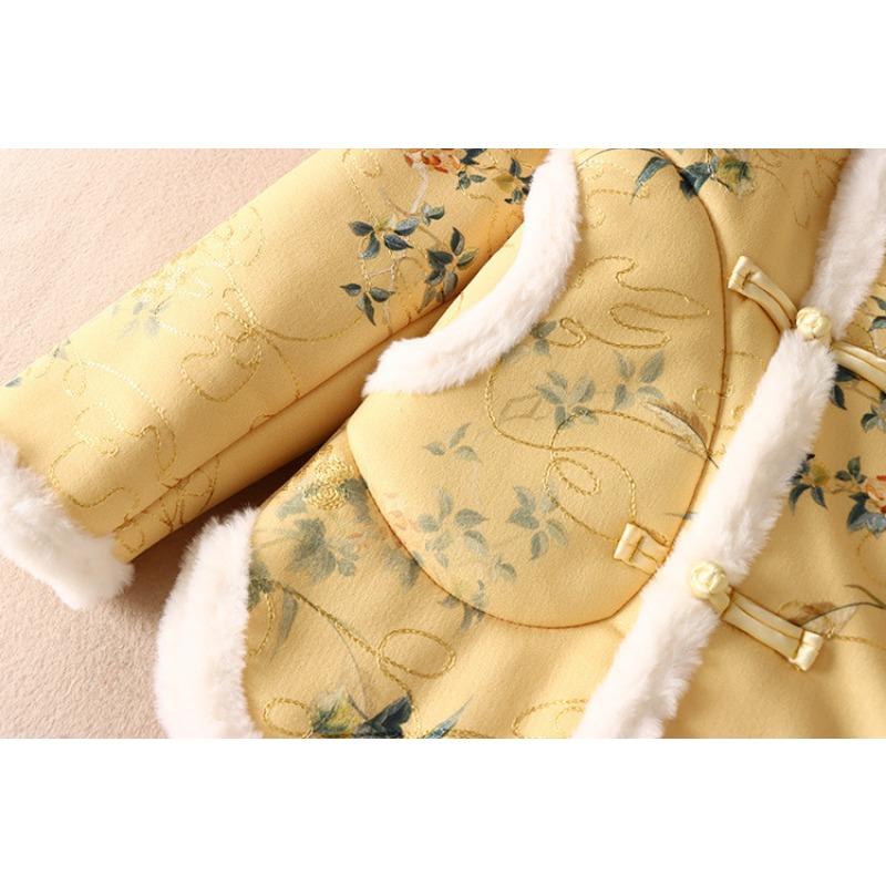 2025 Autumn Winter New Chinese Style Fashion Women Plush Cotton Coat Standing Neck Pan Button Coat Female Warm Jacket