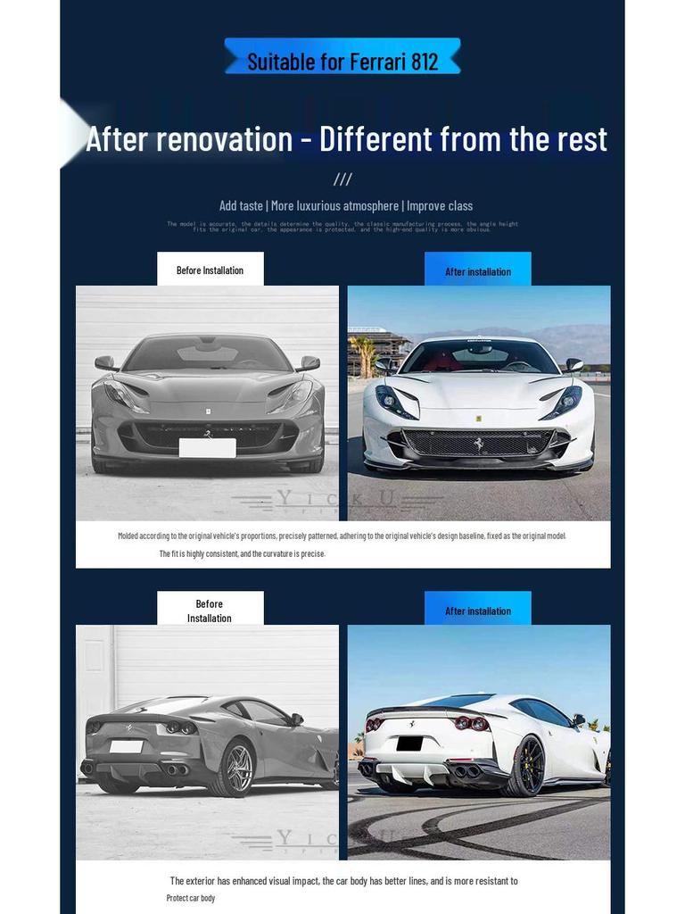 Fits Ferrari 812 N Models: Real Carbon Fiber Front Lip, Side Skirts, Center Lip, Rear Bumper Corners, Tail Wing Trim, Mirror Housings.