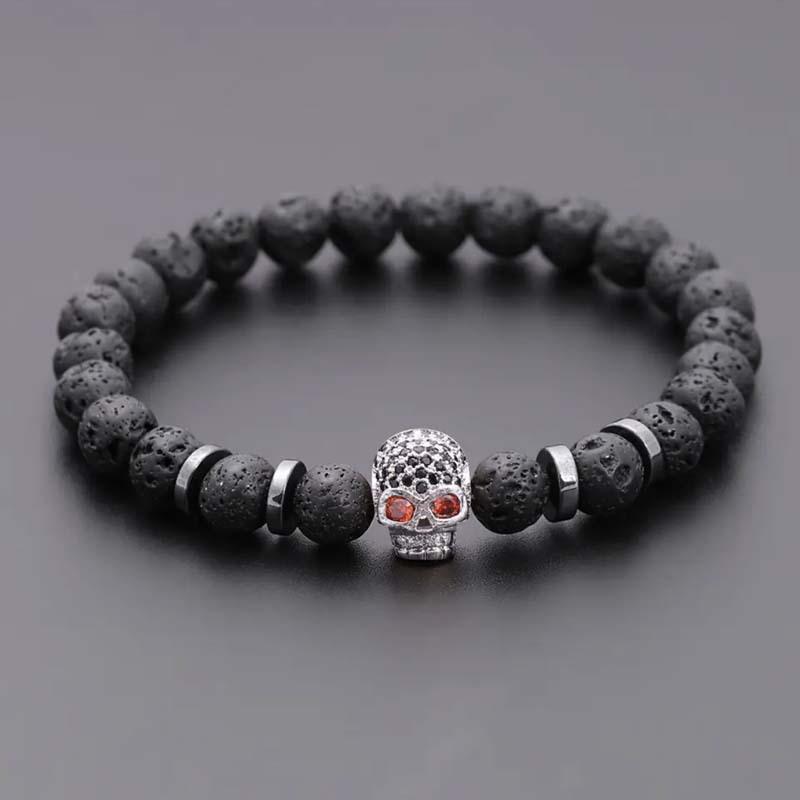 BEPAN Black Eye Skull Hematite Bead Bracelet Men Classic Handmade 8mm Lava Stone Charm Bracelet For Men Jewelry Gift