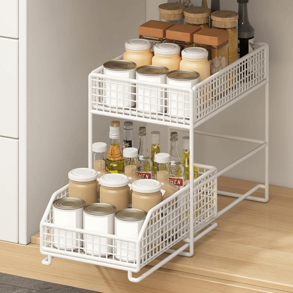 Iron Pull Out Storage Rack Stable Frame Sliding Cabinet Basket 2 Tier Storage Basket for Kitchen