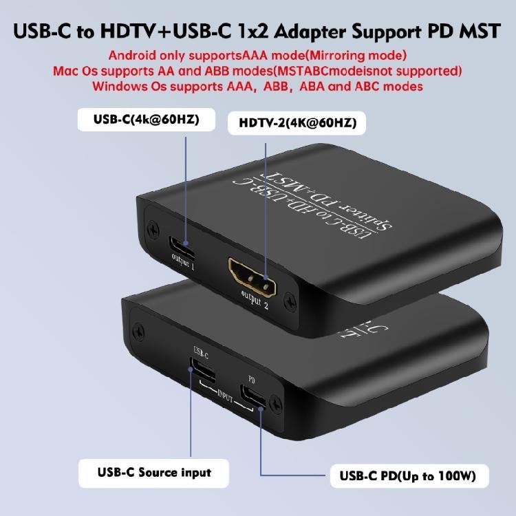 Разветвитель USB C на HDMI для двойного монитора с поддержкой PD100 Вт Power Delivery, поддержка SST Display, совместимость с 3D, для рабочих станций