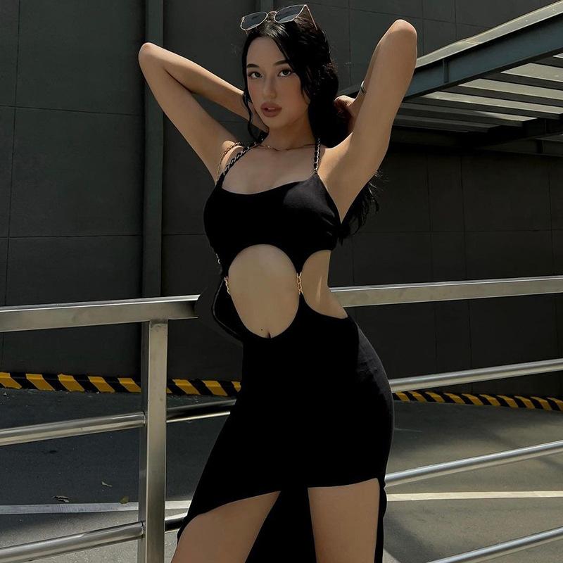 Party Club Lady Sexy Chain Halter Hollow Slim Backless Irregular Dress
