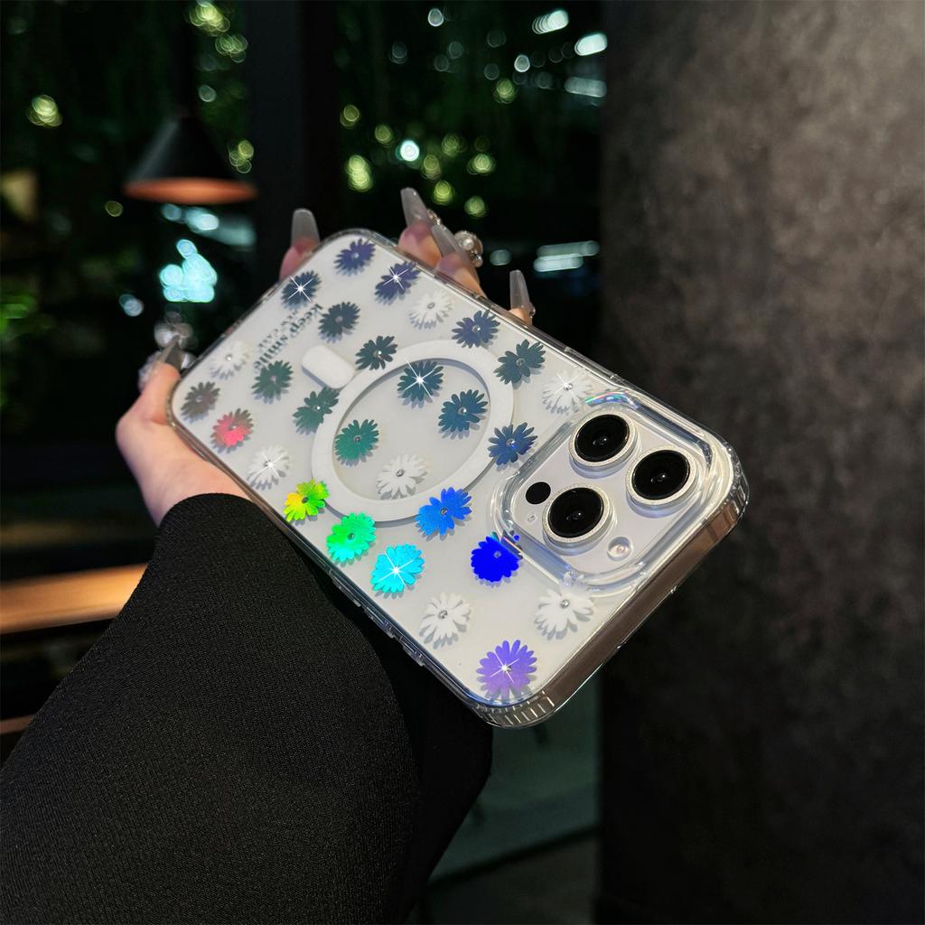 For iPhone 15 Pro Case Compatible with MagSafe Laser Flower PC+TPU Clear Phone Cover