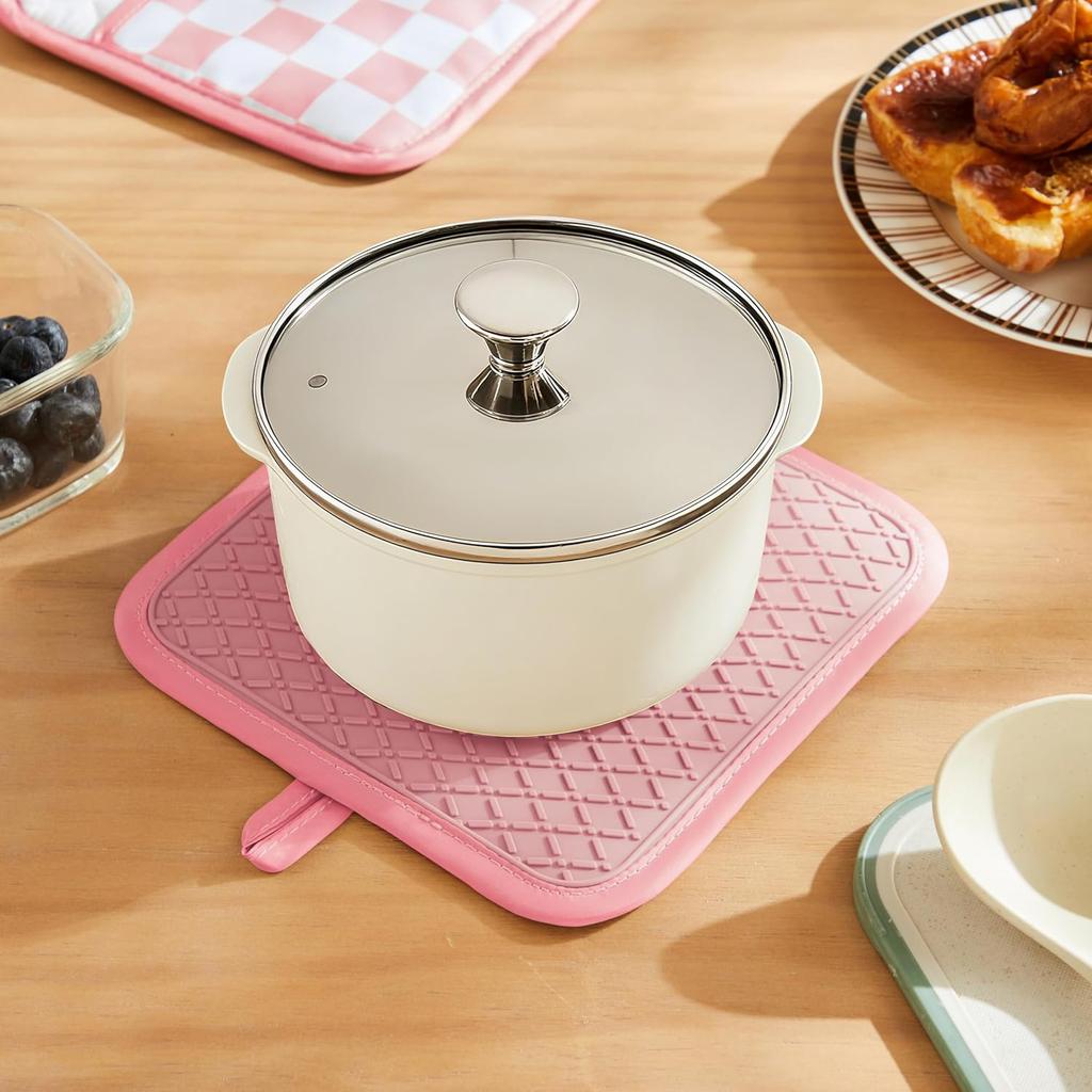 Pink Checkered Pot Holder, Checkerboard Potholders for Kitchen, Silicone Pot Holders with Pocket for Kitchen Clearance 2 Pack Set, Hot Pads and Oven