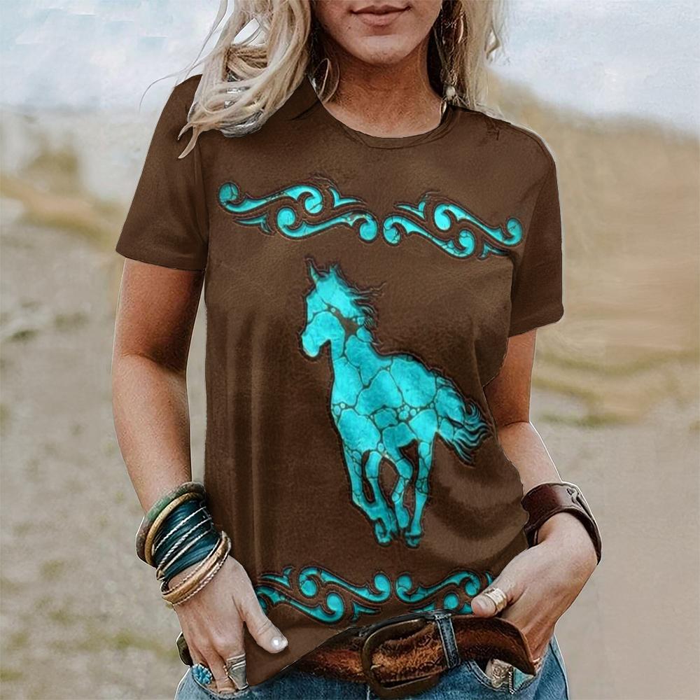 Летние винтажные футболки с 3D-принтом «Лошадь», женская уличная одежда, повседневная мода 2000 года, футболка с коротким рукавом, футболки с круглым вырезом, топы, одежда