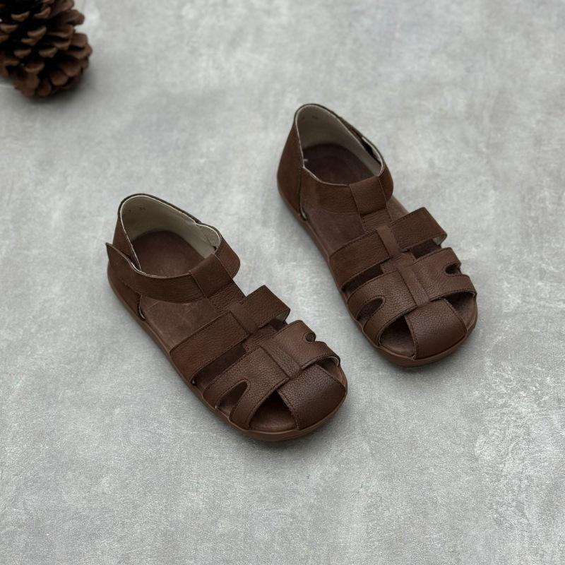 Johnature Сандалии на плоской подошве из натуральной кожи. Однотонная женская обувь ручной работы из тканой воловьей кожи в стиле ретро на мягкой подошве.