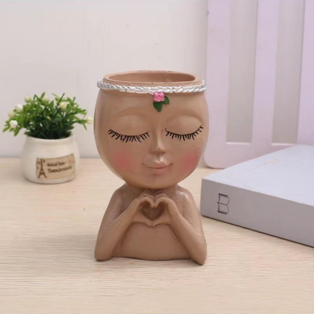 Creative Resin Face Flower Pot with Drainage Hole Loving Little Girl Succulent Planter Gift Cute Desktop Storage Garden Supplies