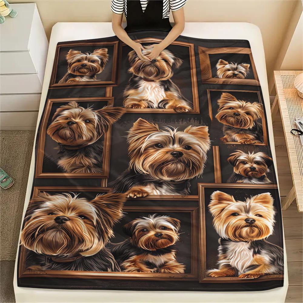 1 шт. Фланелевое одеяло с принтом йоркширских терьеров, Высококачественное, Удобное для всех сезонов, Декор для дома, Тепло и уют, Идеально для рождественских подарков