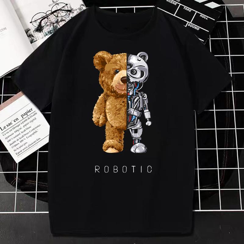 2023 Creative Teddy Robot Print Tshirt Cool Robotic Graphic Streetwear Women Men Casual Oversized Tee Hip Hop Grunge Tee Custom