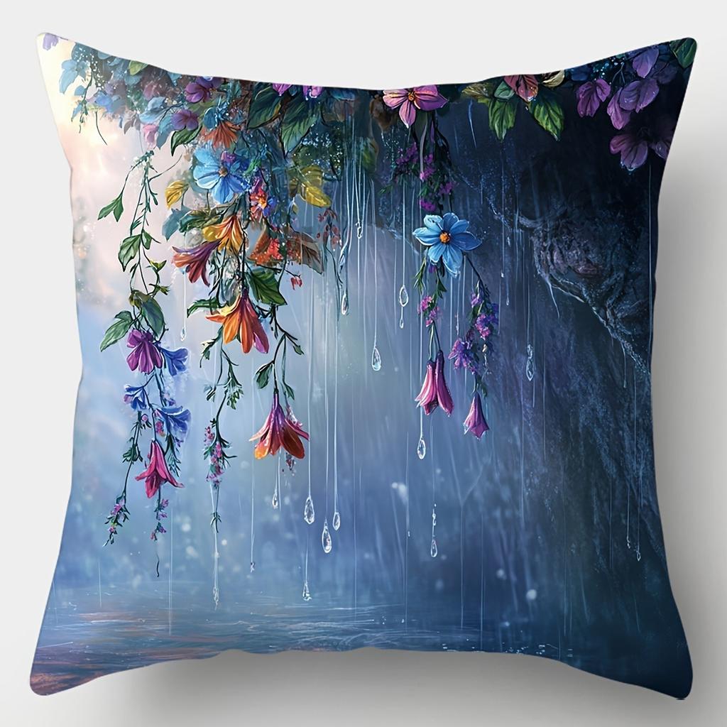 Enchanted Rainforest Floral Pillowcase: Lush Waterfall & Flower Pattern Cushion Cover For Magical Sofa Bedroom Home Decor