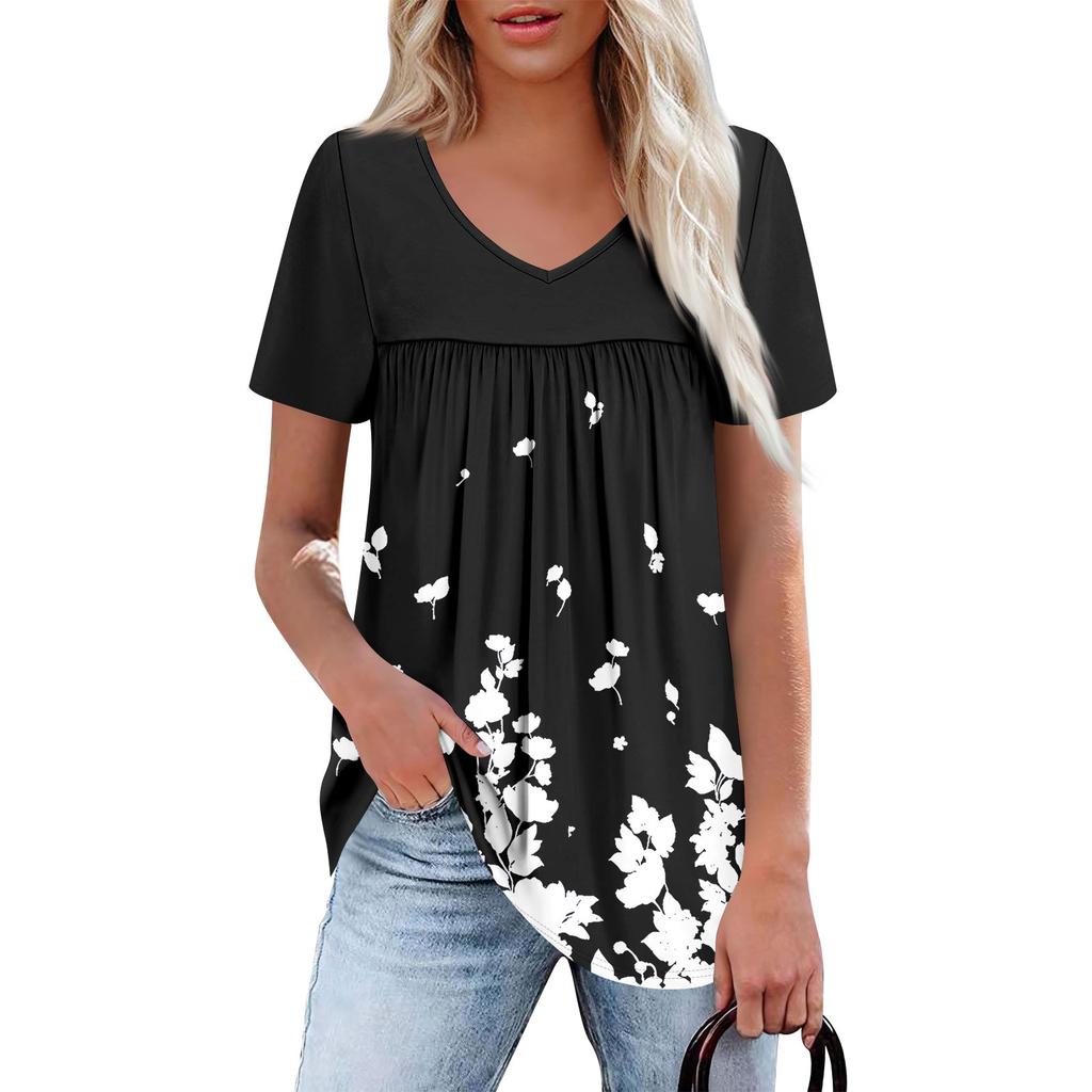 Women's Casual V-Neck Short Sleeve Chest Ruffle Printed Top