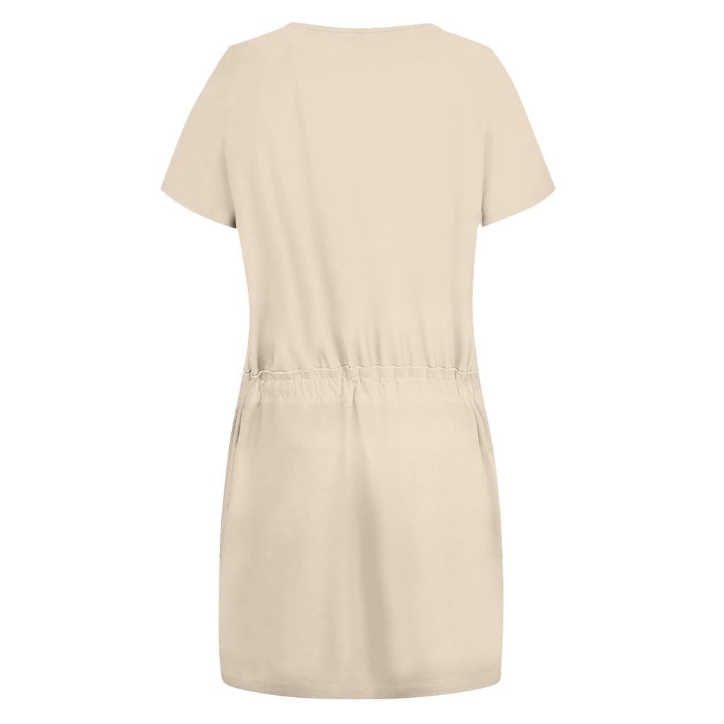 Women's Summer Casual Fashion Solid Color Drawstring V Neck Short Sleeve Dress