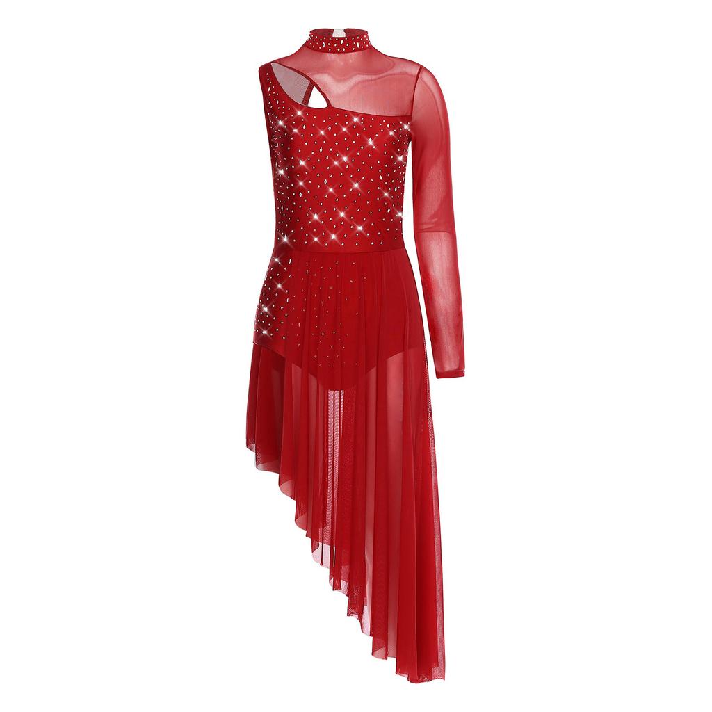 Women Asymmetrical Lyrical Dance Dress S-XXL - Mock Neck Cutout Sheer Mesh Patchwork Shiny Rhinestones Side Split Dancewear