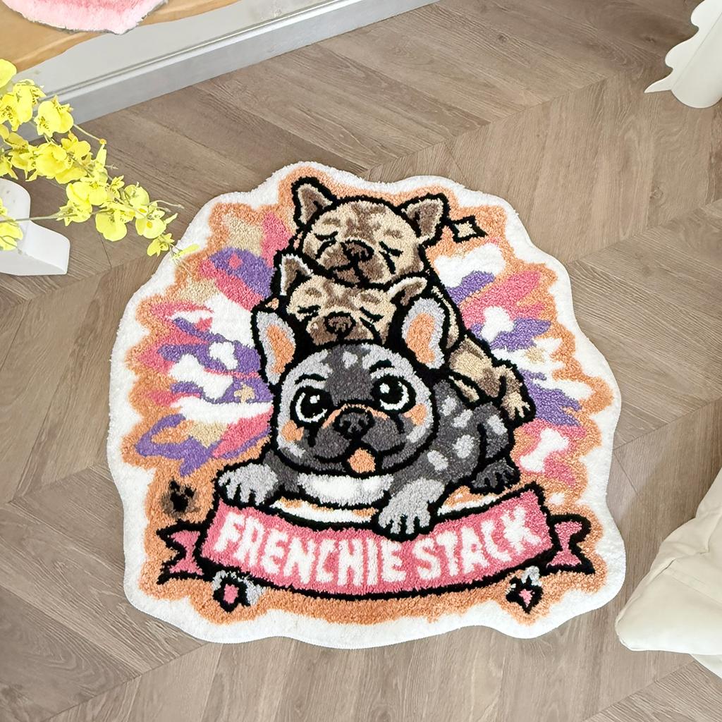 Frenchie Stack Three Stacked French Bulldog Tufted Rug Irregular Cartoon Dog Shaped Fluffy Anti Slip Floor Mat Pet Lover Bedroom