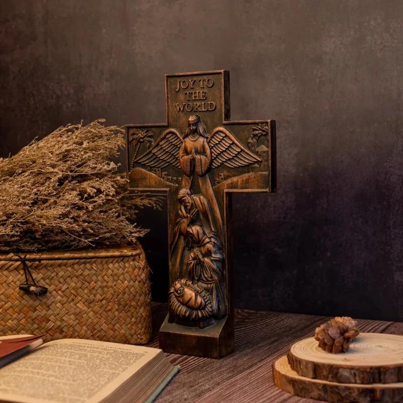Украшение для дома Деревянный вертеп, Украшение для стола в виде креста, Христианская скульптура, Статуэтка Рождества, Религиозный рождественский подарок