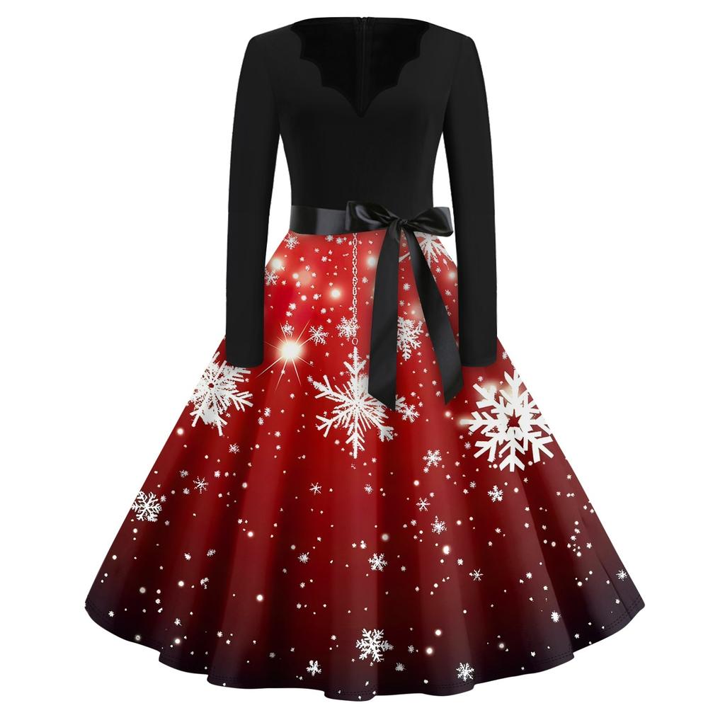 Christmas Print Flare Dress For Women Long Sleeve Dress Hollow Party Casual Dresses