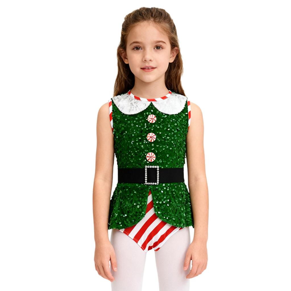 Kids Girls Christmas Santa Elf Costumes Candy Cane Striped Sequins Dance Leotard Xmas Skating Bodysuit