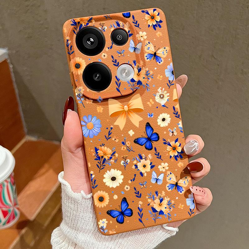 Чехол с цветочным узором и синей бабочкой для Xiaomi 14T 13T 11T Pro Funda Redmi Note 14 13 12 11 Pro 5G 4G Силиконовая крышка с текстурой кожи
