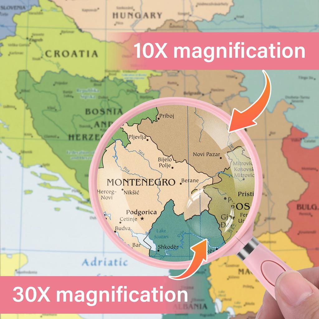 10x and 30x magnification handheld easy to 75mm convenient size for reading magnifier, large, see, lightweight, simple, diameter, (pink)