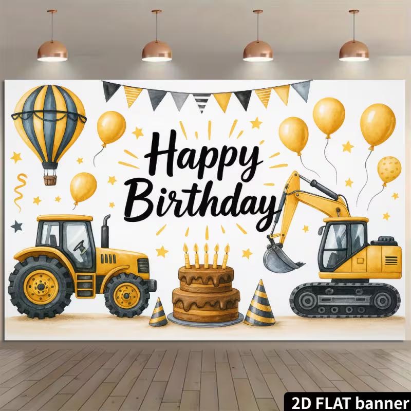 2D Construction Party Backdrop - Excavator & Tractor Banner for Kids Engineering Themed Photoshoot